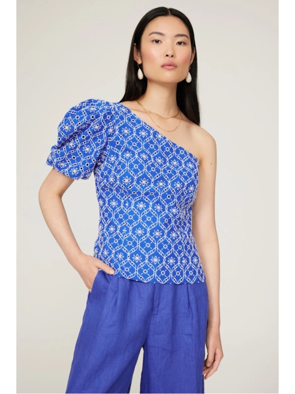 Lilly Pulitzer Blue Delilah Eyelet Embroidered One Shoulder Top